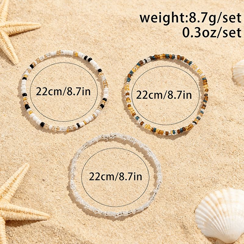3pcs Summer Bohemian Style Mixed Color Rice Bead Anklet Set